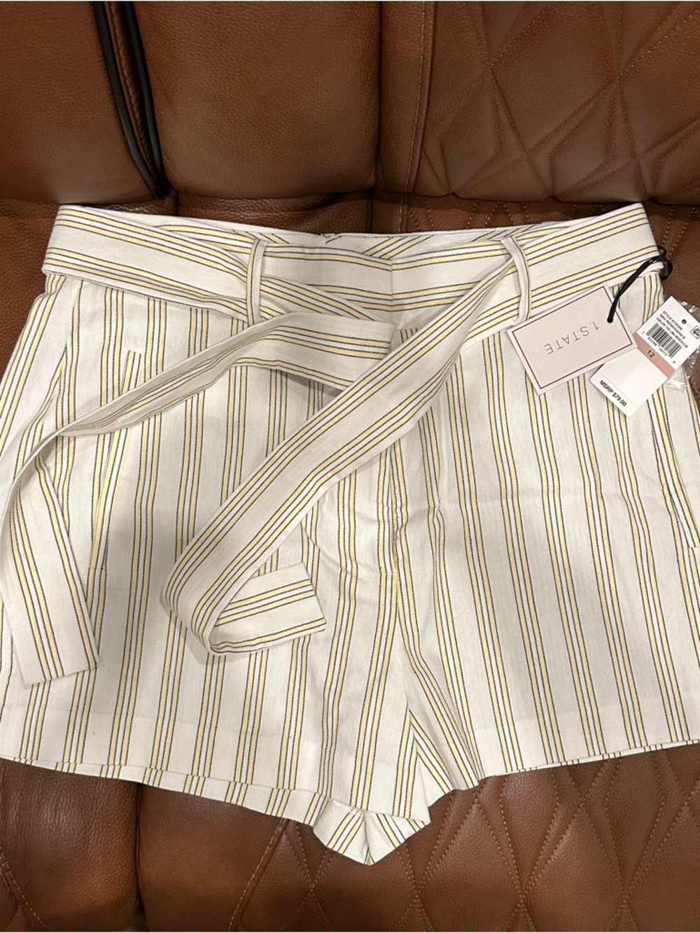 1.STATE Cream Shorts with Yellow Stripe Tie Waist